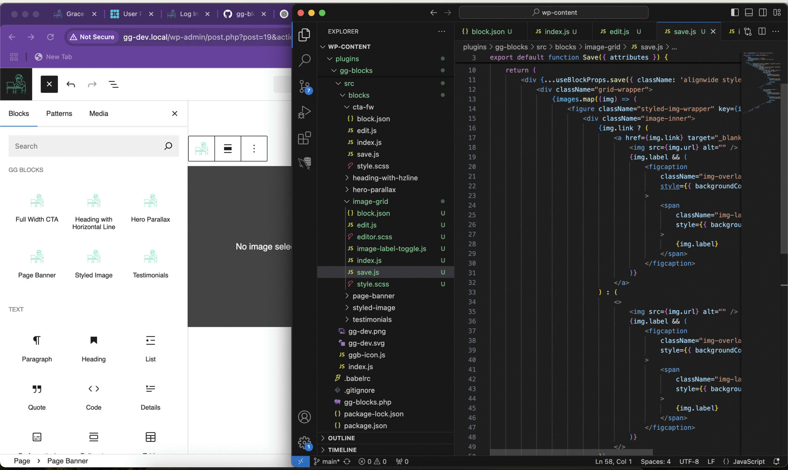 Split screen showing the WordPress block editor (GG Blocks) on the left and custom JavaScript code in VS Code on the right